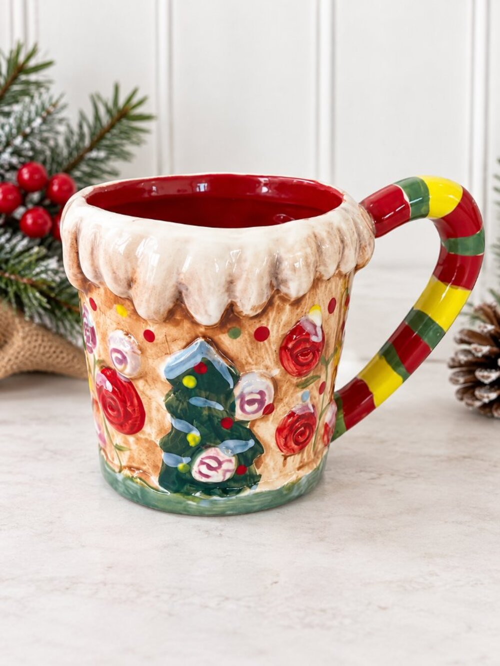 Anthropologie Christmas Gingerbread Candy Ceramic Mug Holiday Tree